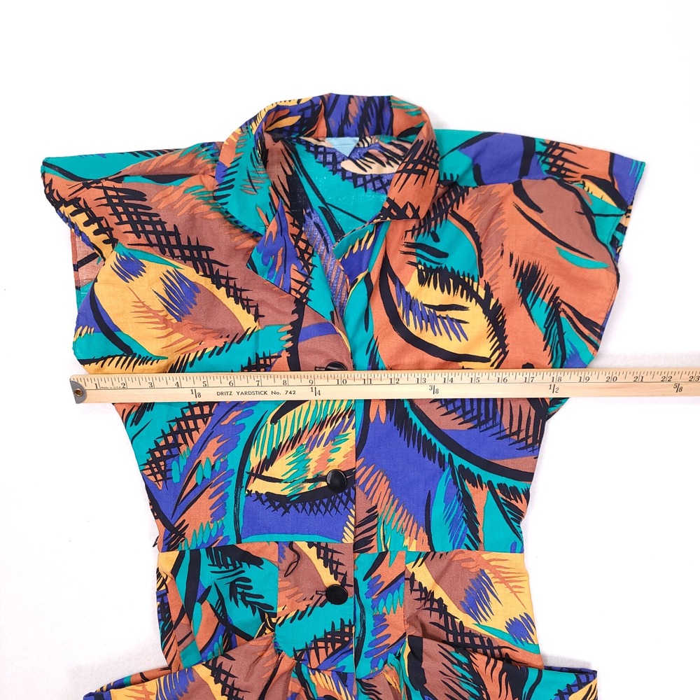 Vintage 80s Abstract Tropical Midi Dress Sleeveless Padded Shoulder Multicolor - Picture 8 of 10
